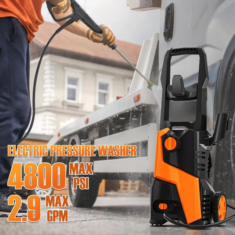 4800PSI Max 2.9 GPM Power Washer พร้อมหัวฉีดเชื่อมต่อด่วน 4 อัน, ท่อ 28FT, ถังสบู่, เหมาะสําหรับรถยนต์, ลานบ้าน, ทําความสะอาดสระว่ายน้ําสีส้ม