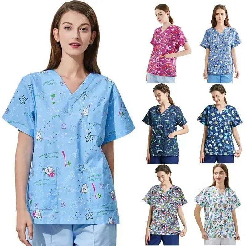 Printed Nurse Scrub Tops Veterinary Medical Scrubs Uniform for Women Dentisit V-Neck EDS Vet Workwear Nursing Coat