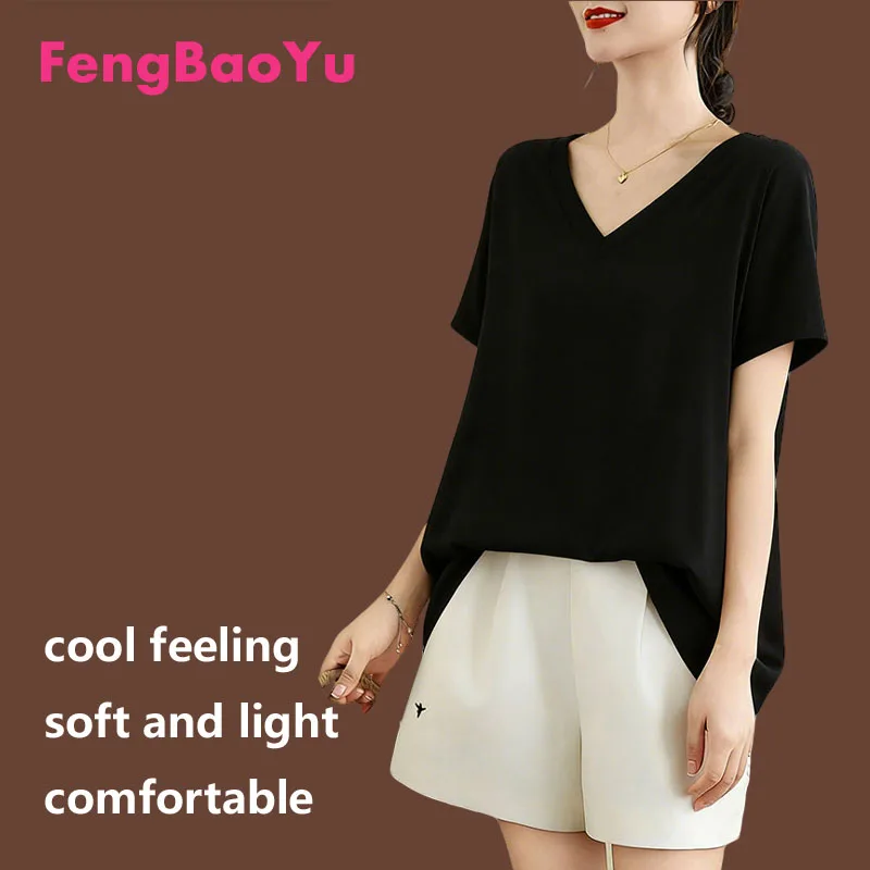 Fengbaoyu Cotton Silk Ladies T-shirt, Short-sleeved V-neck Hooded Top, Casual Homewear Loose Comfortable Cool Refreshing Summer