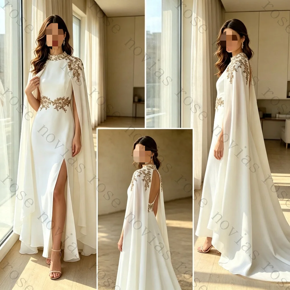 Customized Elegant High Neck Backless A-line Wedding Dresses 2026 Fashion Gold Decal Shawl Bridal Gown Suitable for Ceremonies