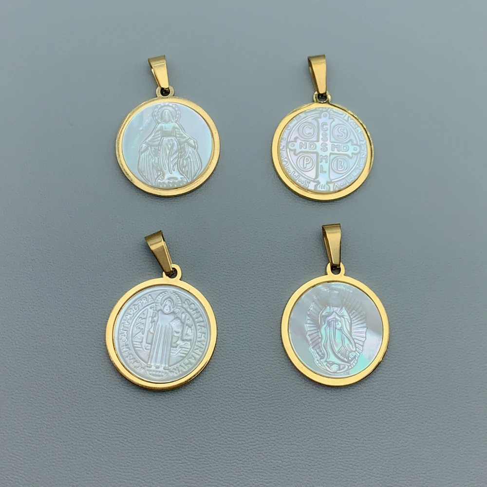 

2pcs/Lot Stainless Steel Saint Benedict Virgin Mary For Jewelry Making Round Mother of Pearl Shell Medal Necklace Charm