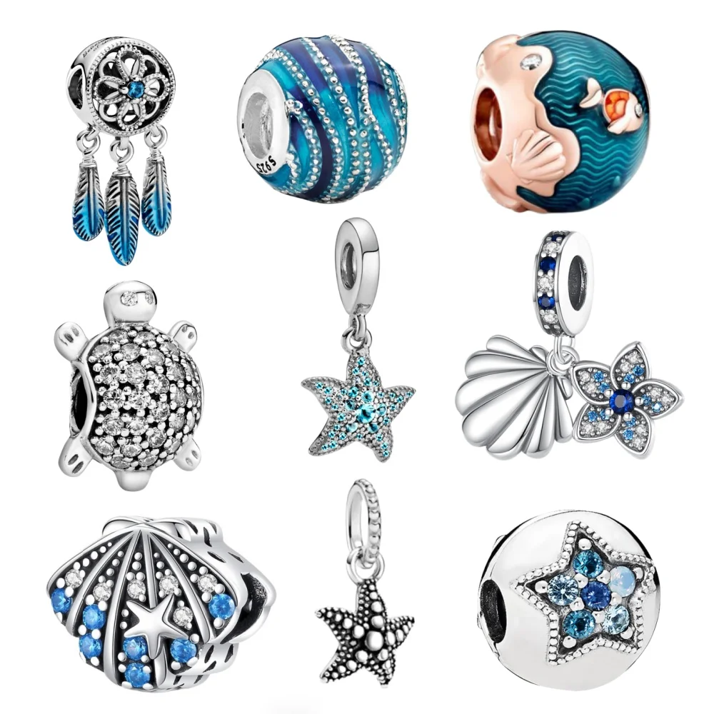 

925 Sterling Silver Blue Ocean turtle Starfish Bead Pendant DIY Charms Bracelet Accessories Fit Women Girl Fashion Jewelry Gift
