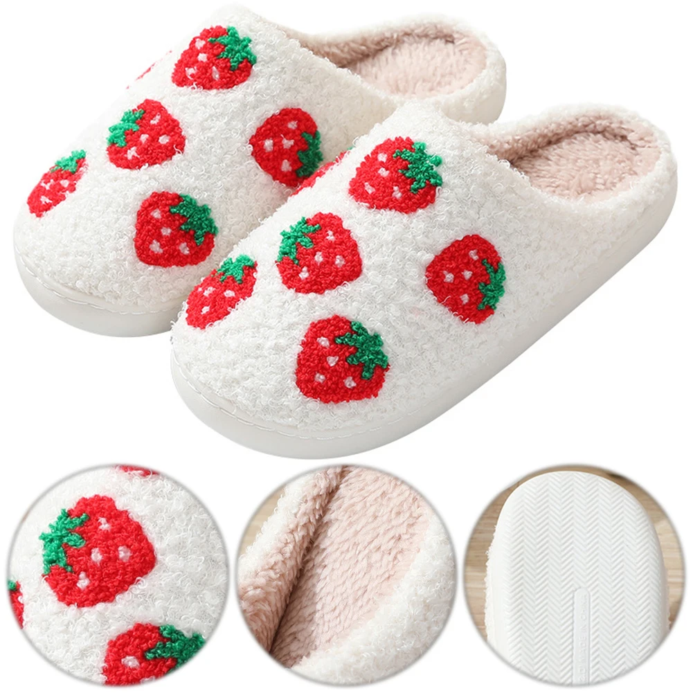 

Strawberry Plush Slippers Warm Slip-on House Shoes Comfortable Flat Thermal Slippers Anti Slip Fluffy Home Slippers for Women