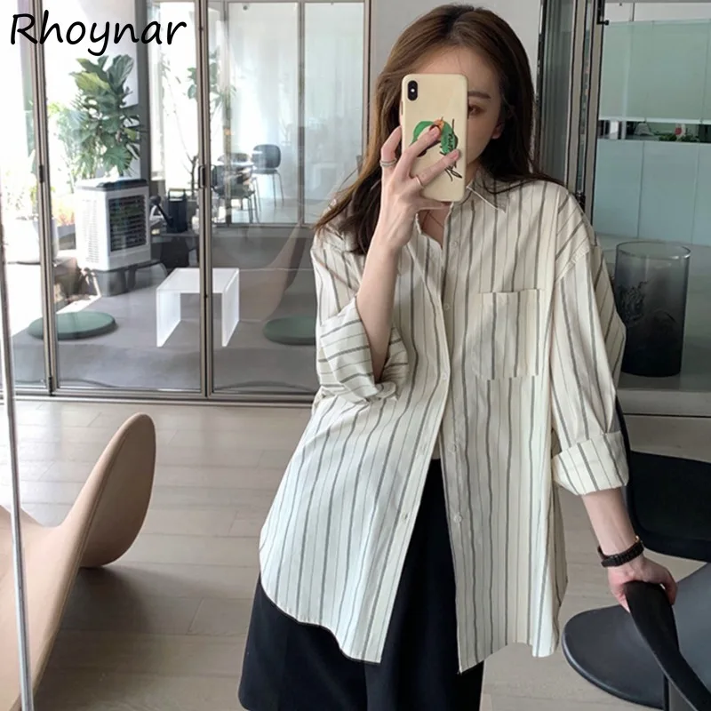 Long Sleeve Shirts Women Korean Clothing Striped Loose Popular Classic Layering College Casual All-match Simple Soft Spring Chic