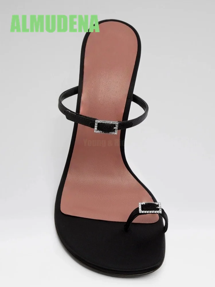 

Split Toe Metal Buckle Black Slippers Pointed Straight Stripes Women's Black Patent Leather Exposed Toe Party High Heels