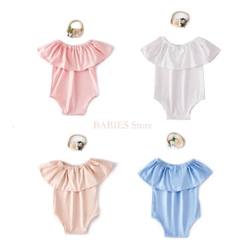 C9GB 2Pcs/set Newborns Photography Outfit Jumpsuit Dress with Flower Headwear Photoshoots Clothes for 1-6 Months Baby Girls