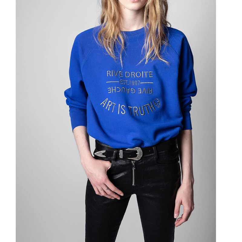 بلوفر نسائي من القطن المطرز بحروف كلاسيكية ZV على الطراز الفرنسي الجديد