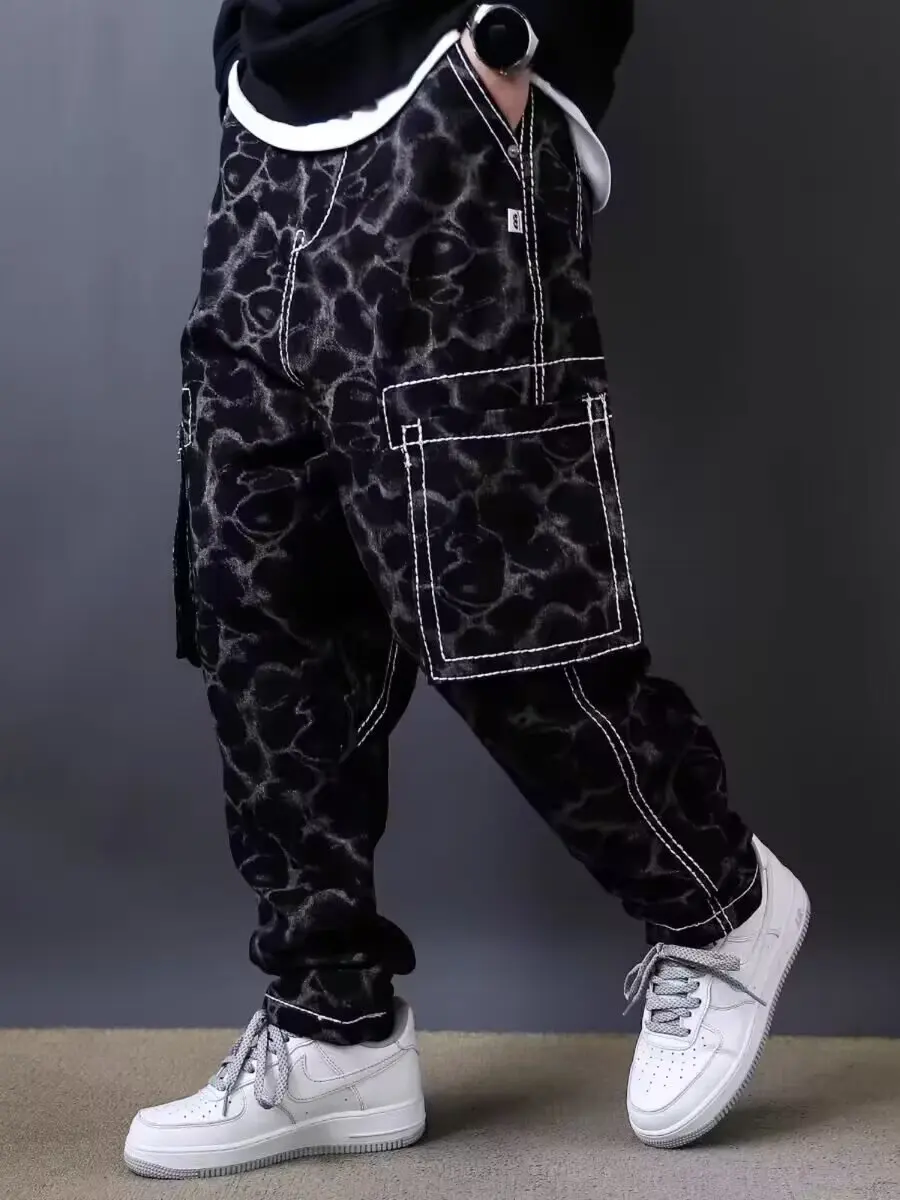 

Waed Bla Panther Pattern Special hine Low Waist Casual Pants Street Skateboard Hip Hop Cone Heavyweight Jeans Men's Cl...