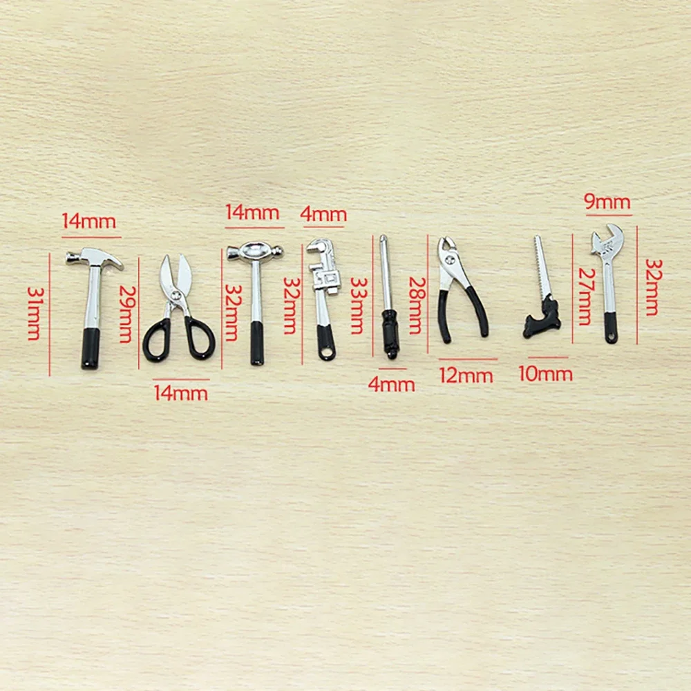 8Pcs 1/12 Dollhouse Miniature Accessories Mini Metal Repair Tool Set Hammer Wrench Screwdriver Model  for Doll House Decoration