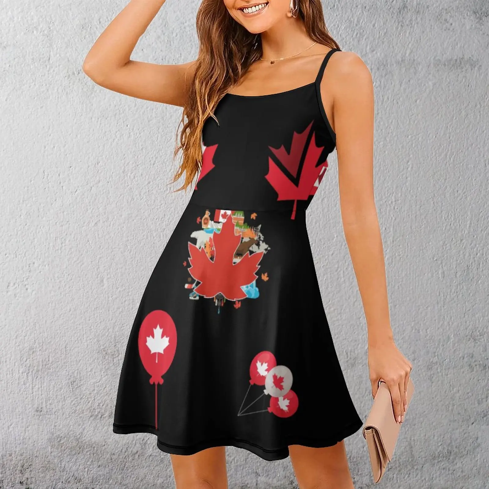 Sexy  Woman's Gown Strappy Dress Canada Maple Leaf Flag Emblem Pack, I Love Canada Funny Women's Sling Dress Premium Cocktails H