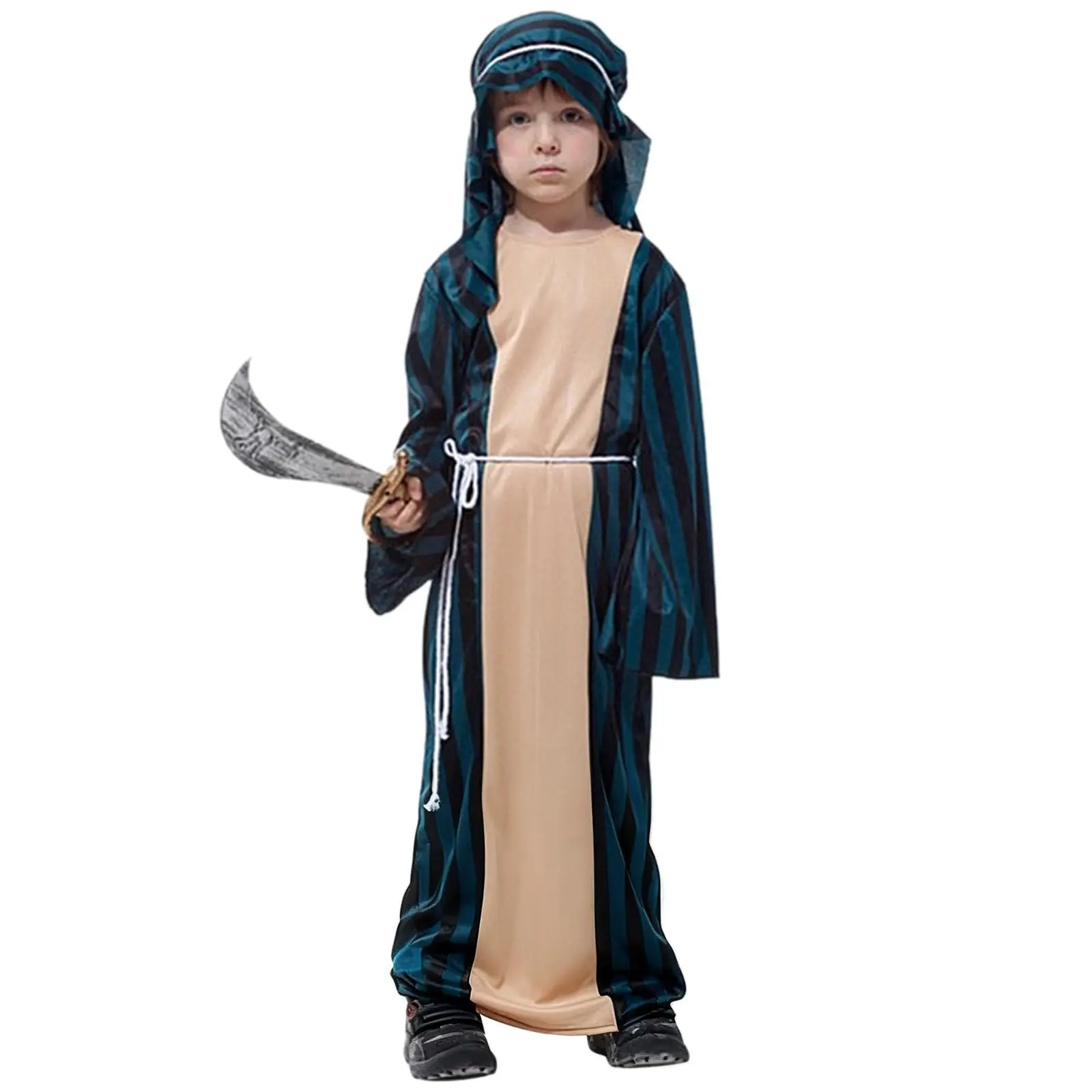 ثوب الصحراء للأطفال البط البري البيج مخطط تونك مقنعين مربوط العرقية لعب الأدوار مهرجان 2026 أزياء تنكرية أنيقة مجموعات متعة Abito #3