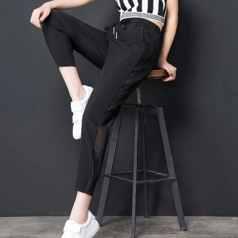 Summer Mesh Cut Out Cropped Sports Pants 2023 High Waisted Tie Up Thin Korean Version Loose Casual Overaize Women's Haren Pants