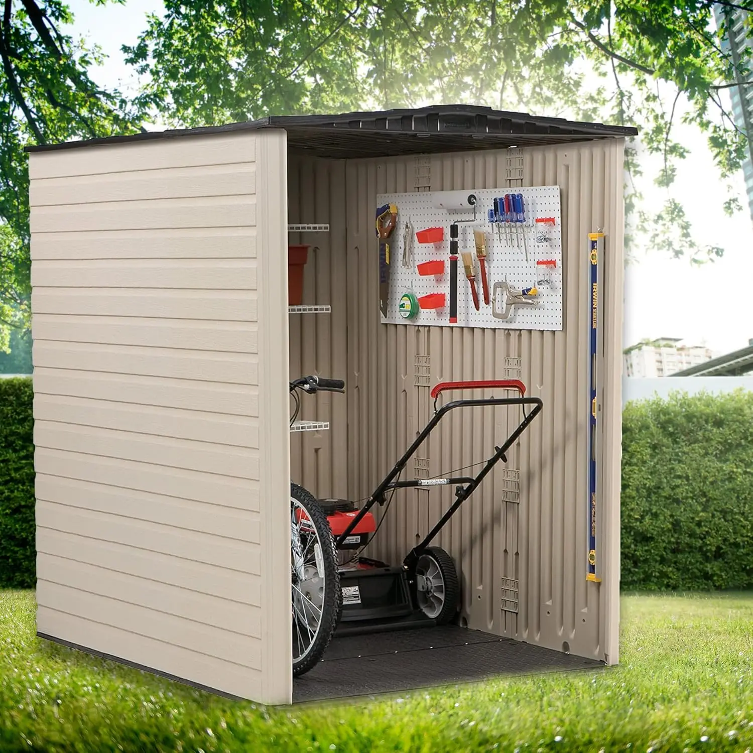 Rubbermaid Large Vertical Resin Outdoor Storage Shed With Floor (6.2 x 4.6 Ft), Weather Resistant, Beige/Brown, Organization for