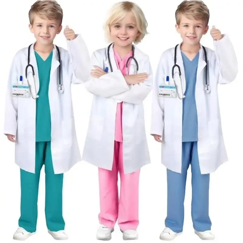 

7PCS Children Doctor Nurse Costume Set for Role Play Pink/Green/Blue Medical Scrubs with Stethoscope Halloween Dress Up Clothes