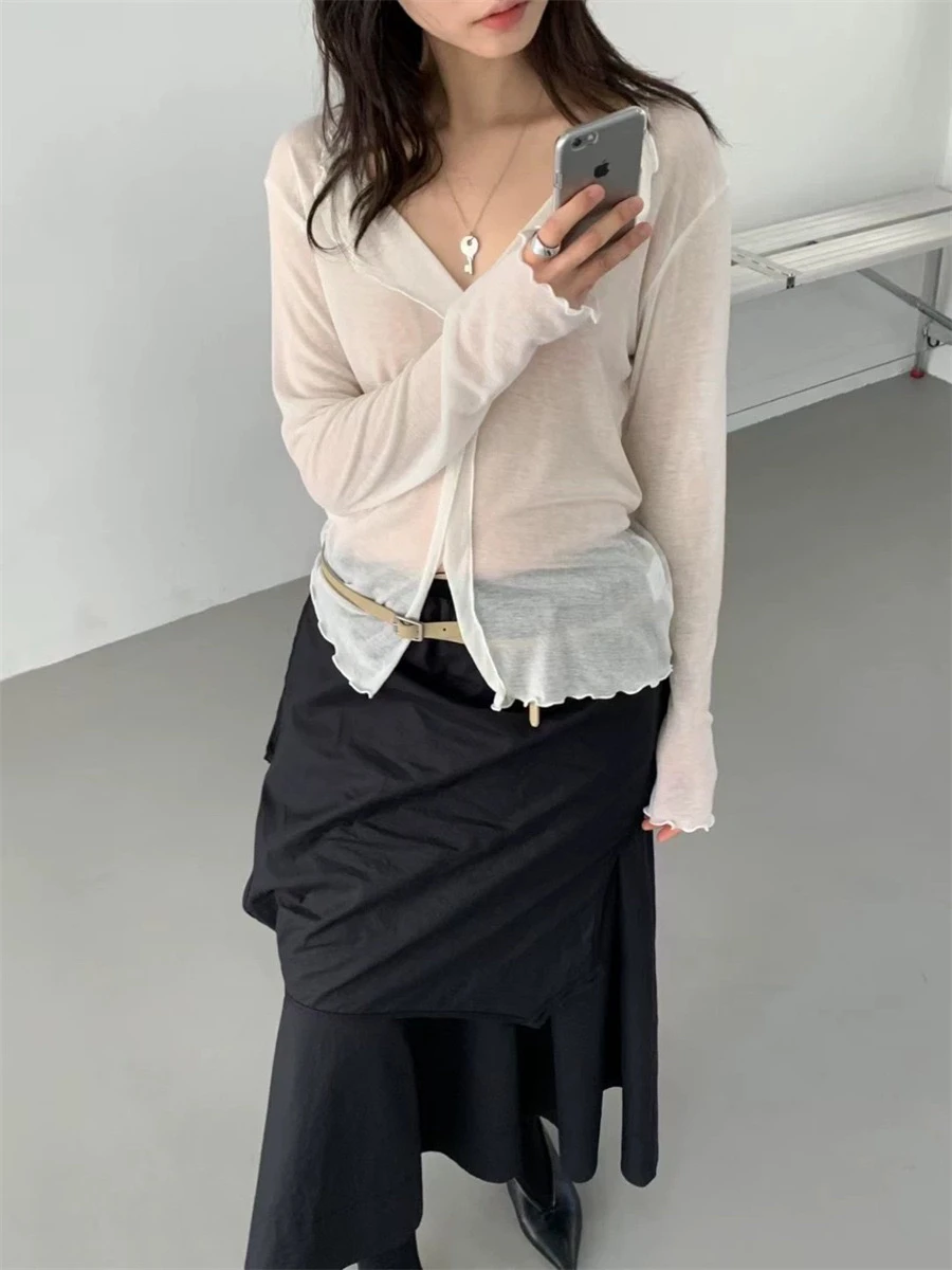 

Summer New Preon Work V-ne Long Sve Thin Transparent T-irt Table Sle Pure Color Slim Fit Sweat Absorbent Casual Top