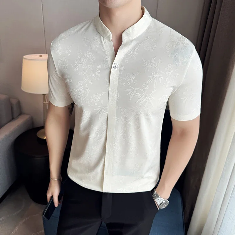 2024 Men's New Chinese Printed Stand up Collar Polo Shirt Fashion High Street Business Leisure Anti Wrinkle Hombre Short Sleeve