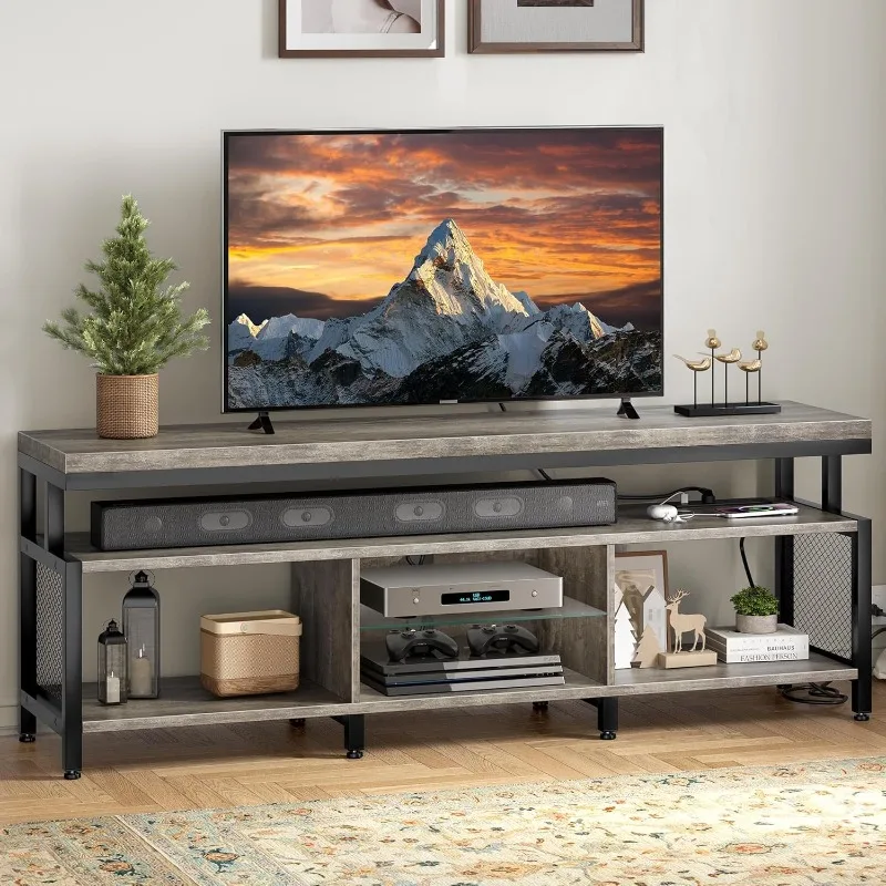 LED Television Stands w/Power Outlets for 70/65 inch, Modern Industrial TV Stand, Entertainment Center w/Open Storage TV Table