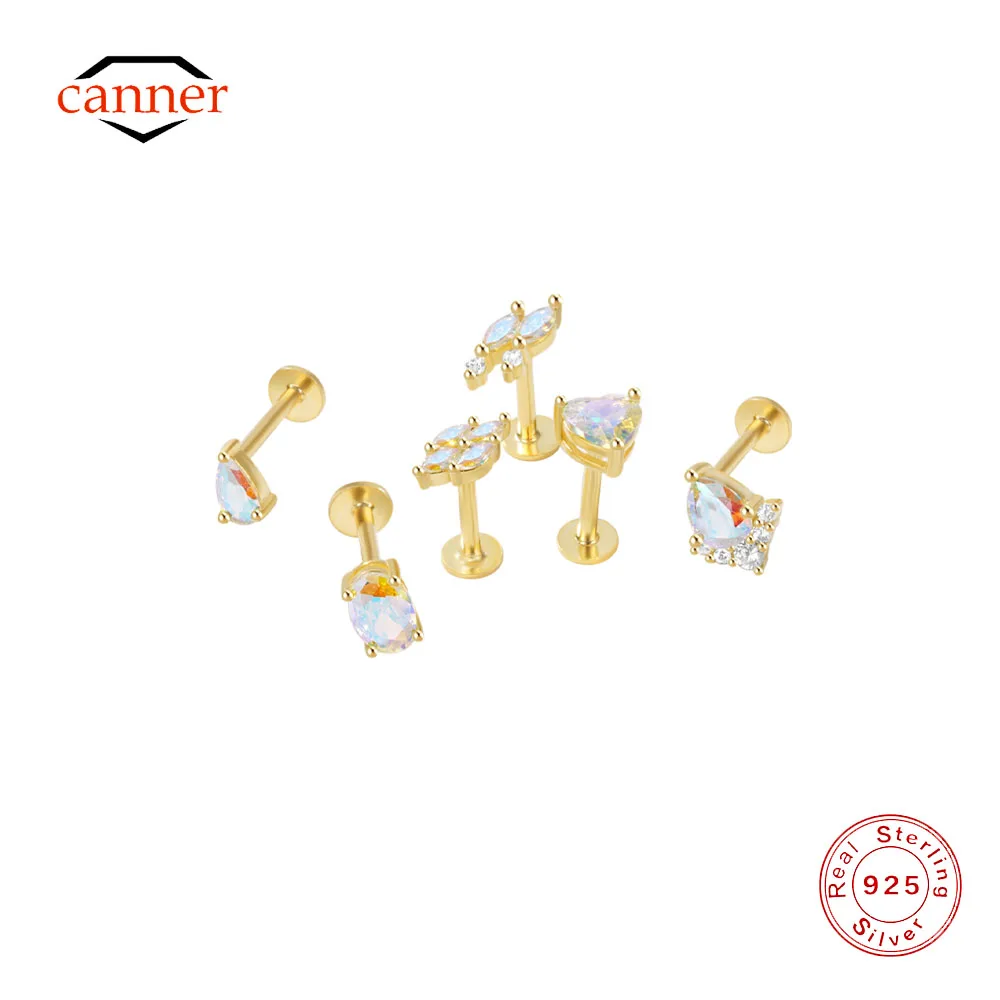 CANNER 1PC 925 Sterling Silver Moonstone Flat Threaded Piercing Bone Nails Stud Earring For Women 18K Gold Earring Fine Jewelry