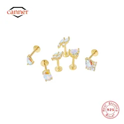 CANNER 1PC 925 Sterling Silver Moonstone Flat Threaded Piercing Bone Nails Stud Earring For Women 18K Gold Earring Fine Jewelry
