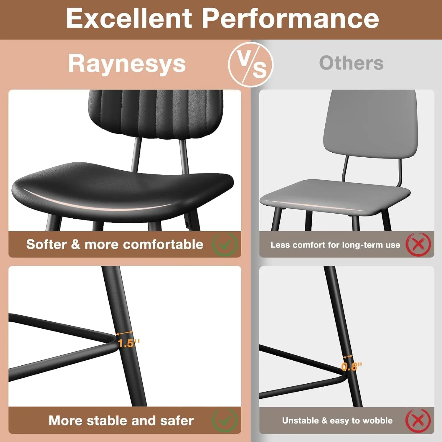 Set of 2, 24.6 Inch Counter Height Barstools, High Backrest Faux Leather Upholstered Counter Stools with Armless Footrest Modern