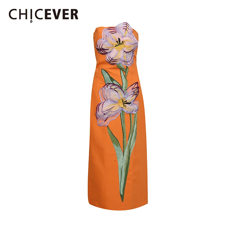 CHICEVER Orange Spliced 3D Flower Dress Female Strapless Sleeveless Slimming Temperament Women's Long Dresses Fashion Summer New