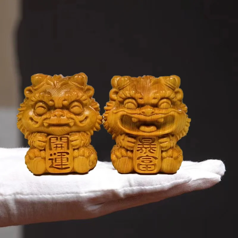 Natural Solid Wood Feng Shui Little Lion Lucky Mini Statue Cute Home Room Office Car Decorations  Featured Mascot A pair