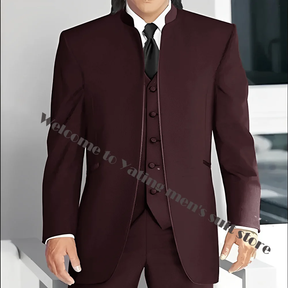 Middle East Stand Collar Men Suits Groom Wedding Tuxedos Black Men\'s Suit with 3 Piece Trim Fit Formal Wear Prom Men Blazer