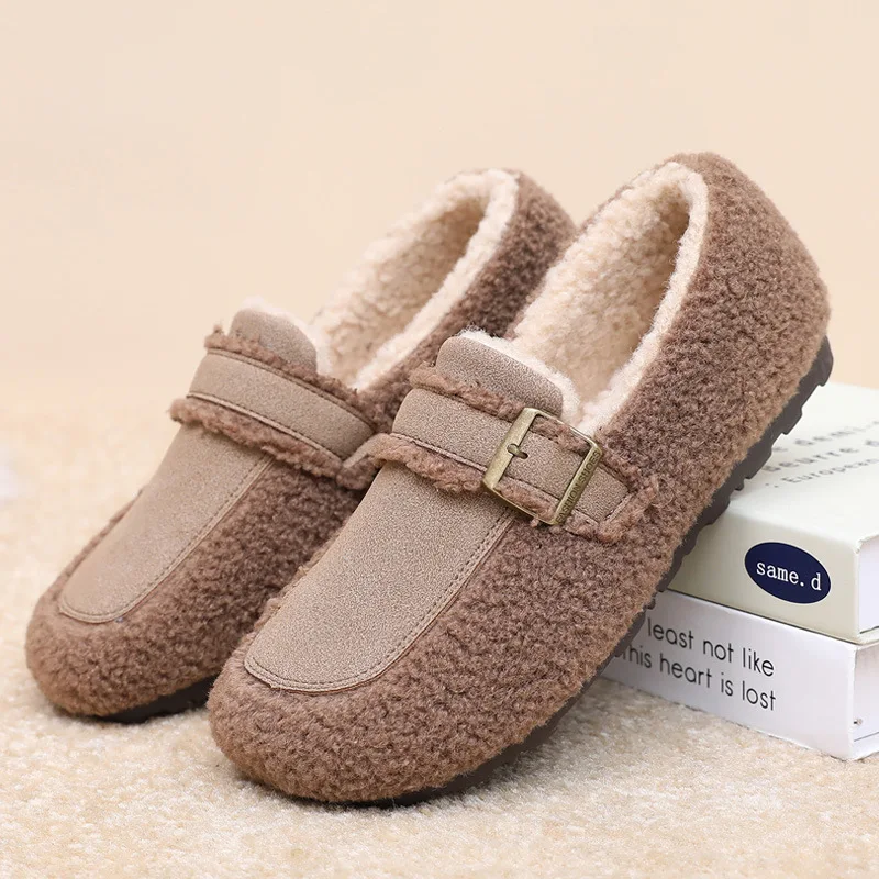 2024 autumn and winter new women's woolen shoes flat with cashmere warm bean shoes casual slip-on women's cotton shoes