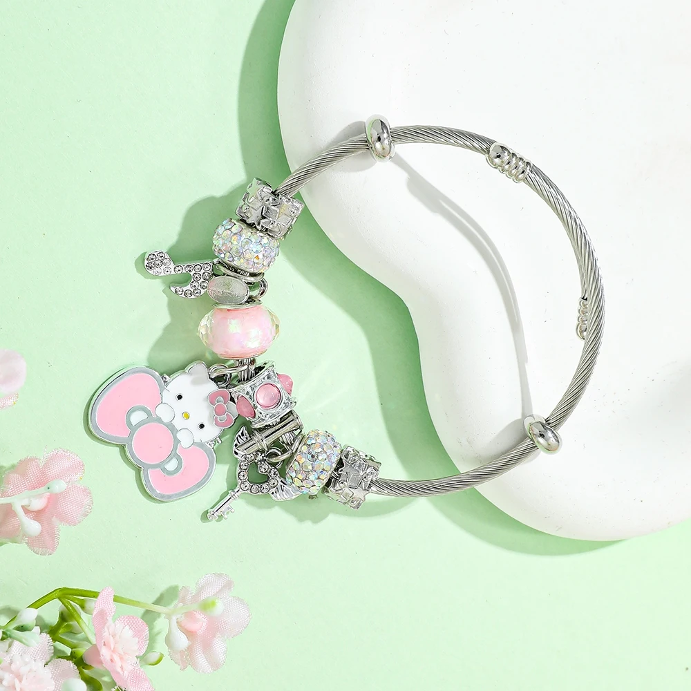 

Sanrio Hello Kitty Silvery Colour Bracelet Creative Bowknot Cartoon Figure KT Cat Accessories for Girl and Women Toy Gifts