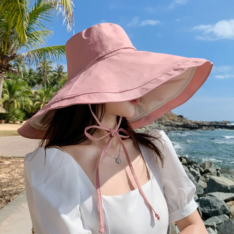

Outdoor Sun Bucket Hat Women Wide Brim Double Sided Sun Hat Anti-UV Protection Fisherman Cap Fold Summer Beach Solid Color Cap