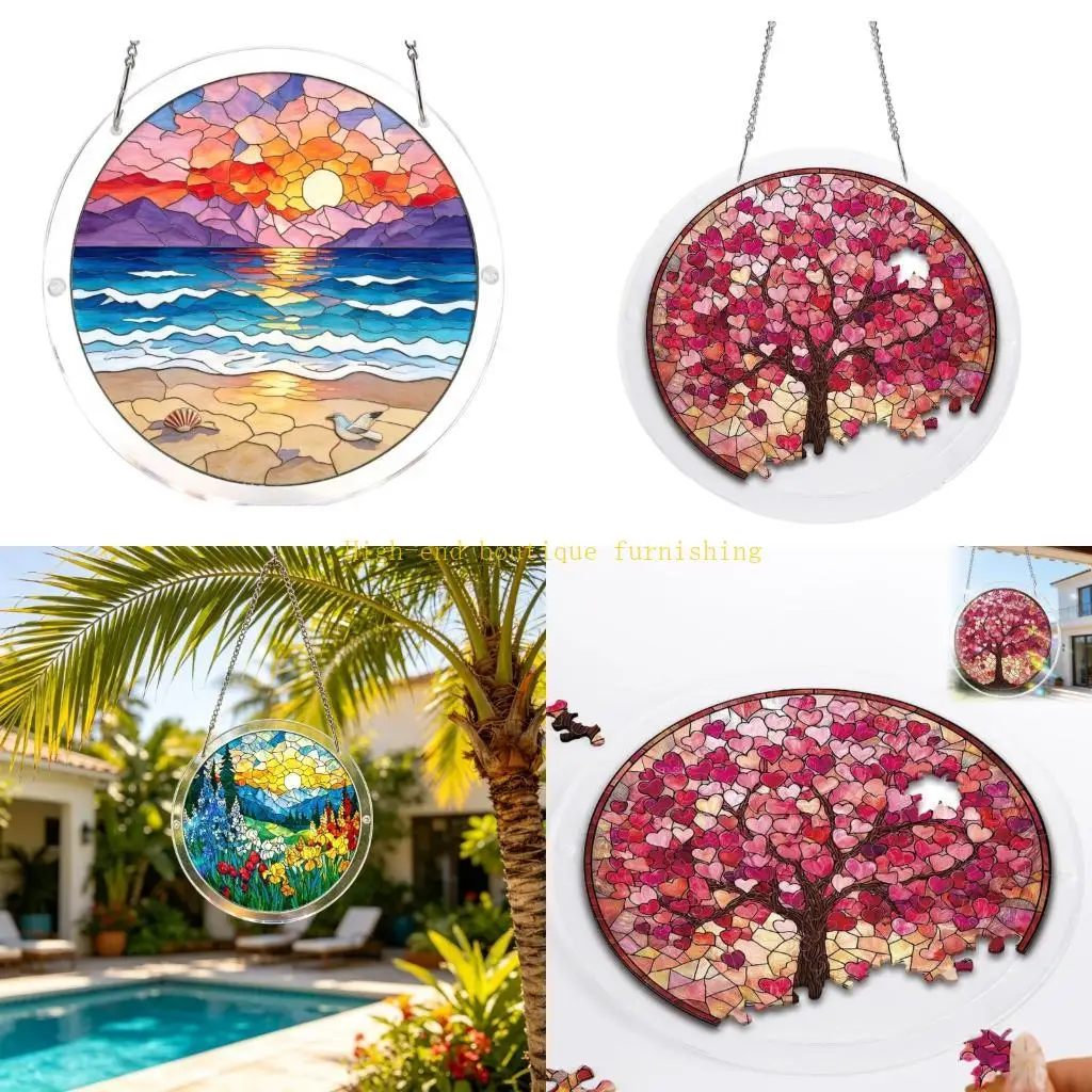 L9NB DIY Rainbows Light Projector Acrylic Hanging Ornament Sun Catcher With Chain For Kids Room Indoor Outdoor Decoration