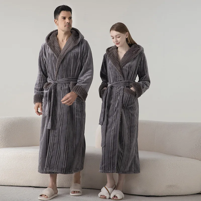 หลวมลาย Flannel ชุดนอนผู้หญิง Hooded Kimono Nightgown ผู้ชายฤดูหนาวฤดูใบไม้ร่วงเสื้อคลุมอาบน้ํายาวชุดนอน Loungewear