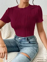 Spring/summer women's bodysuit tops short-sleeved crewneck T-shirts wavy jacquard trims stretch fabrics - Image 4