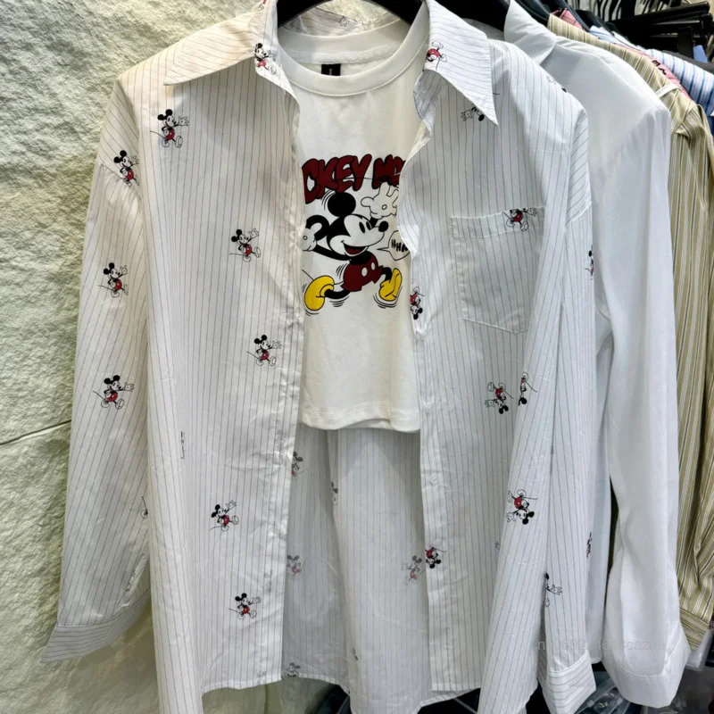 

Disney Mickey Mouse Polo Collar Shirt Summer Female New Korean Version Commuting Sunscreen Clothes Cartoon Pattern Striped Shirt