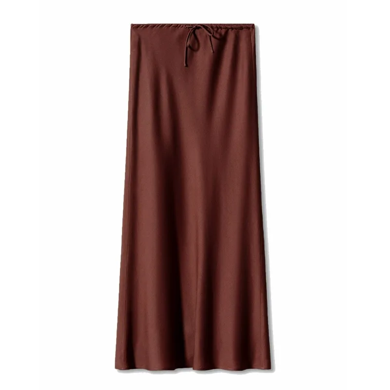 2026 Spring Summer Solid Color Satin Long Skirt For Women High Waist Lace-Up Fashion Elegant Faldas Light Luxury Women's Skirt