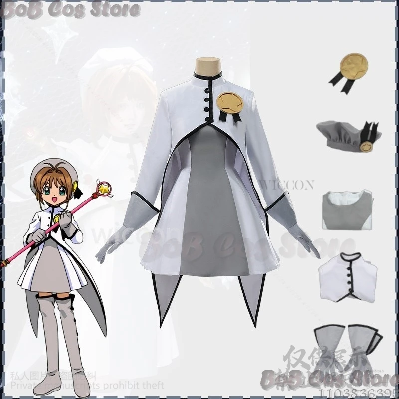 Anime Card Captors Sakura KINOMOTO Cosplay White Gray Dress Cape Lolita Kawaii Cute Uniform Wig Japanese Carnival Cos Customized