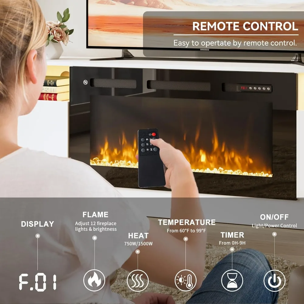 70인치 TV 스탠드와 36인치 전기 벽난로, 대형 모던 미디어 엔터테인먼트 센터, 수납장 및 12색 LED 포함