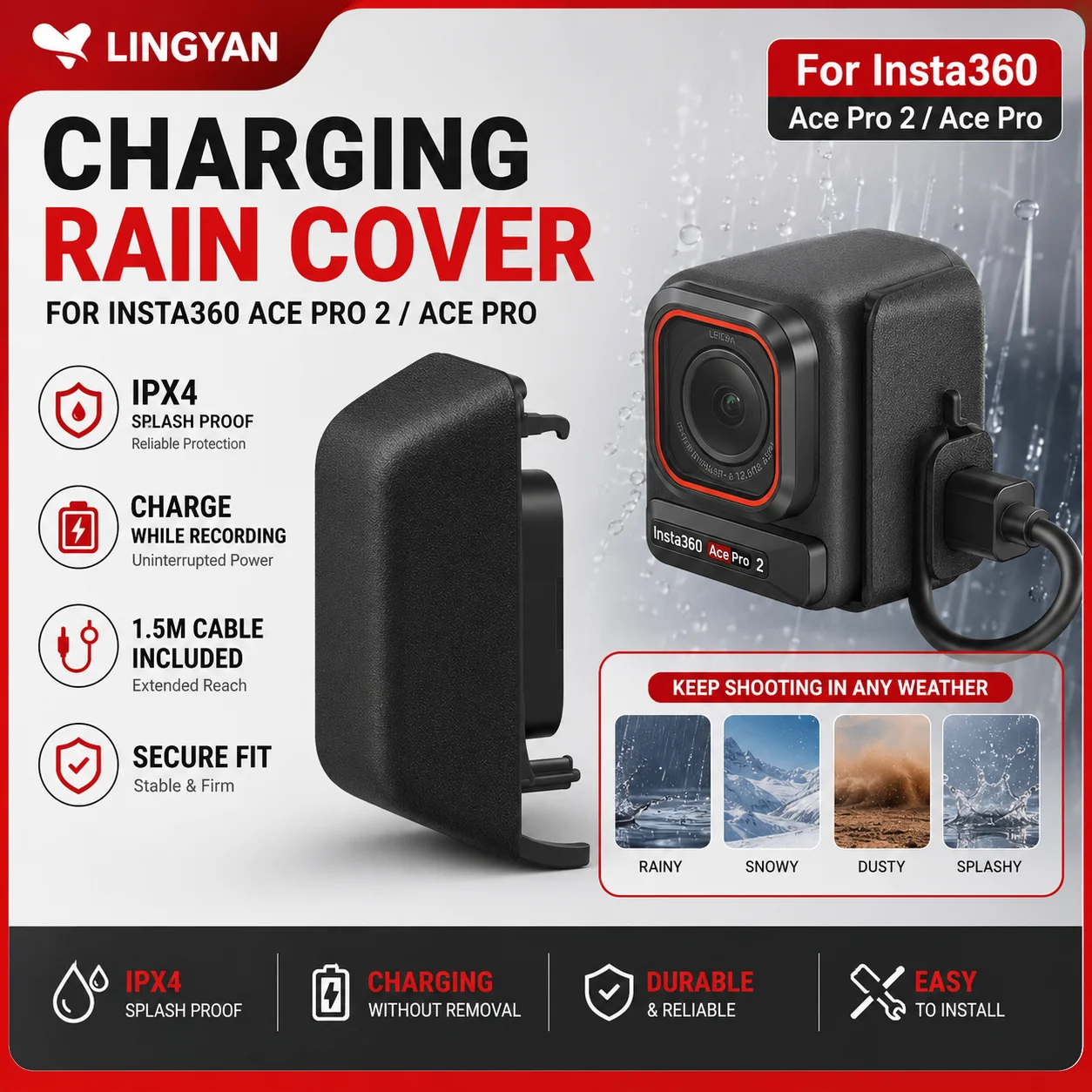 Capa de Proteção para Carregamento Insta360 Ace Pro 2 Ace Pro com Porta IPX4 Resistente a Respingos e Cabo de 1,5m para Gravação Durante o Carregamento