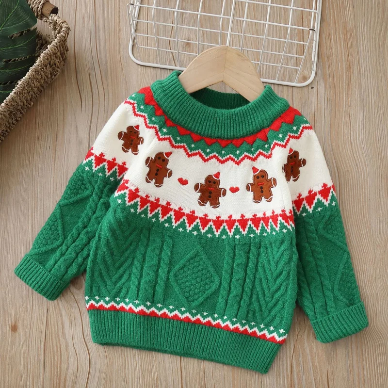 

2025 Christmas Children's Sweater with velvet and thickening for boys and girls cartoon bear versatile knitted bottoming shirt