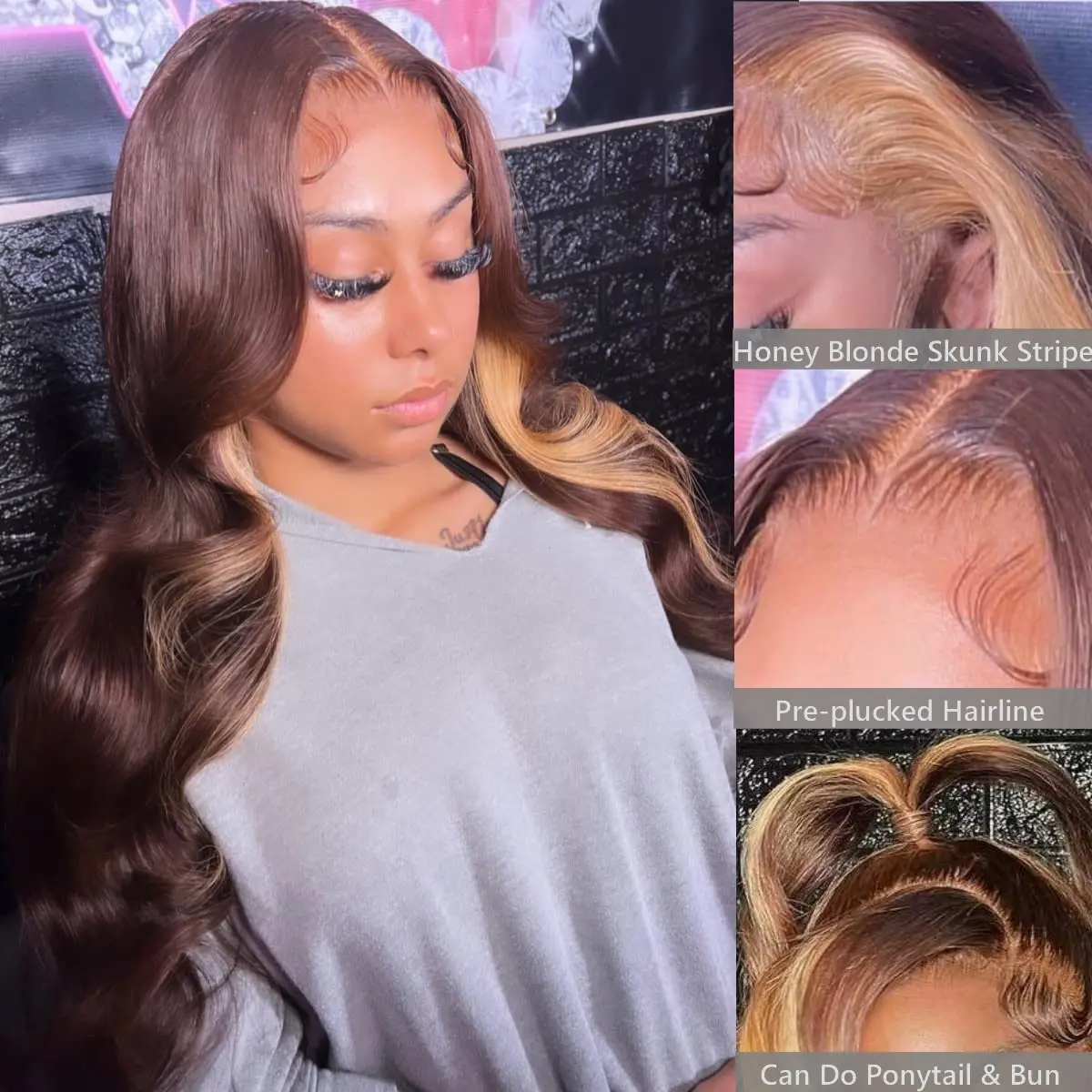 Ombre Highlight Honey Blonde Lace Front Wigs Body Wave Chocolate Brown Skunk Stripe Lace Front Wig Synthetic Glueless Lace Wigs