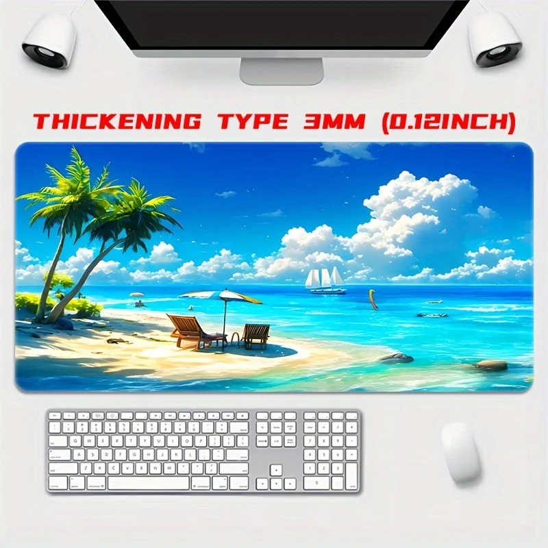 Beach Scenery Pattern, Large Rectangular Mouse Pad, Durable Stitched Hemming, Non-Slip Rubber Bottom, for Office, Laptop, Gaming