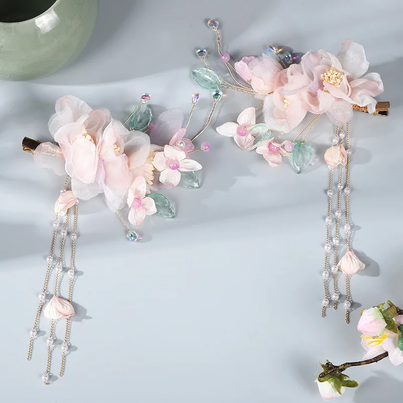 

Fairy Pink Silk Flower Hairpin Female Antique Hairpin Hair Accessories Fringed Ancient Clothing Accessories Hanfu Headdress