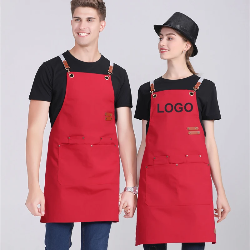 Custom Logo Red Apron Canvas Manicure Apron Nail Salon Waterproof Beauty Salon Waiter Uniform Pinafore For Hairdresser Women