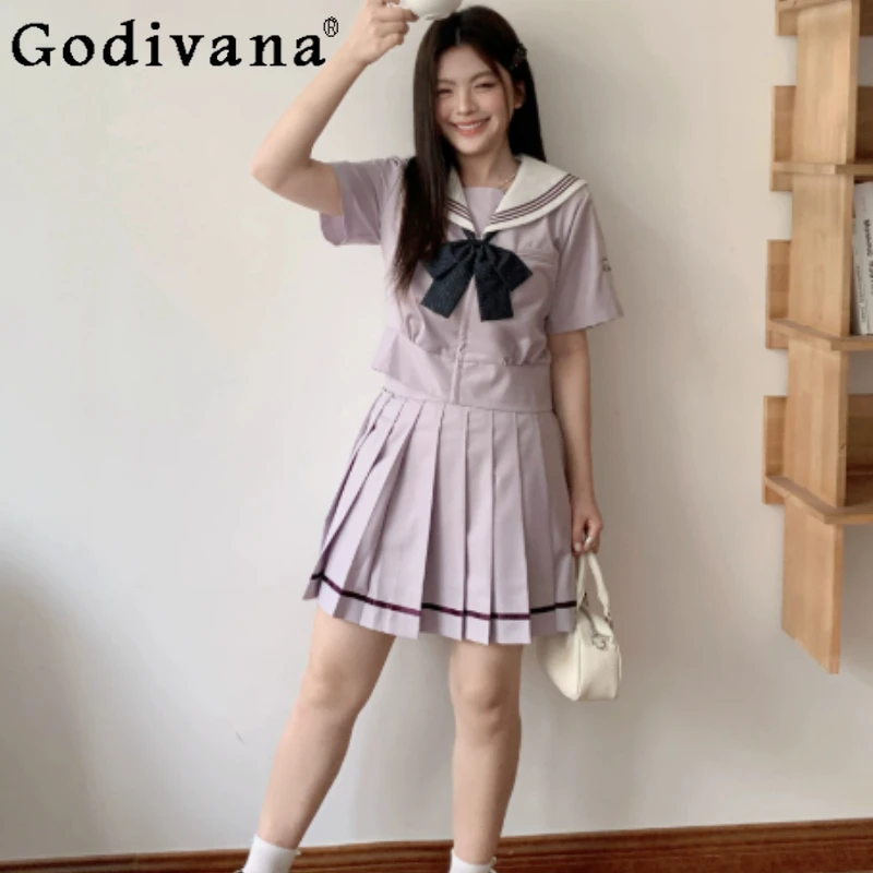 

Summer Large Size Jk Purple Sweet Girl College Short Sleeve Shirt High Waist A-line Versatile Age-reducing Short Pleated Skirt