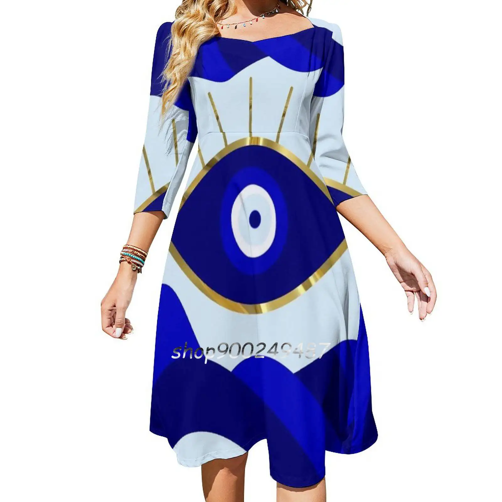 Lava All Seeing Blue Evil Eye Sweetheart Knot Flared Dress Fashion Design Large Size Loose Dress Evil Eye Good Luck Greek