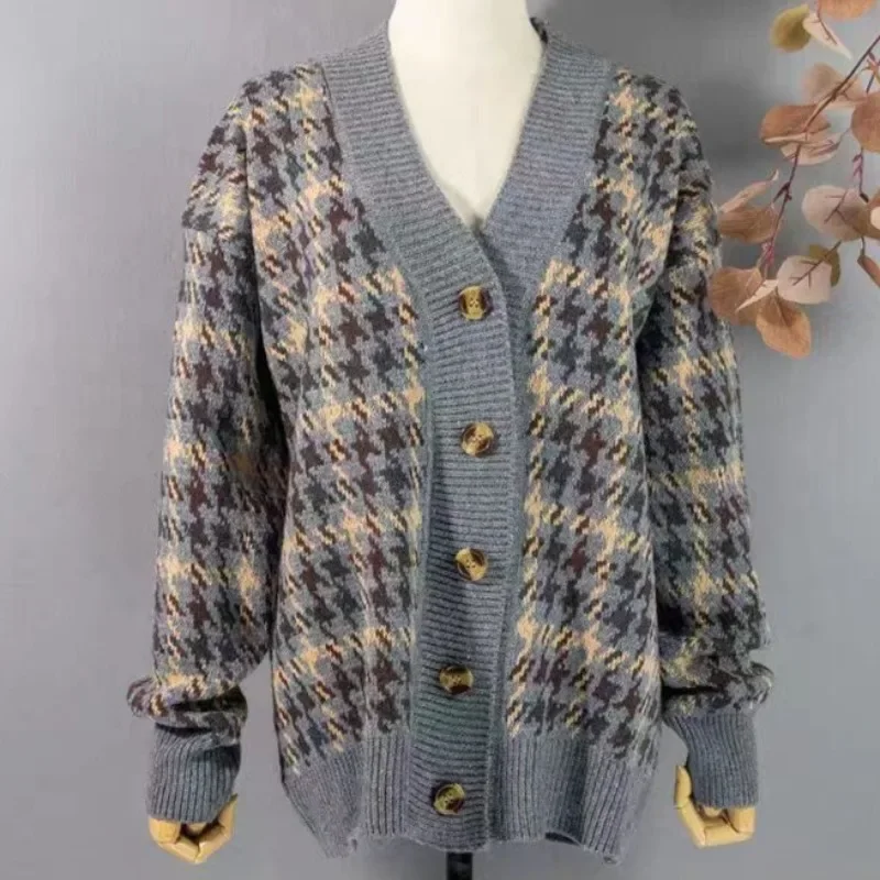 

Модный кардиган с узором «гусиные лапки», свитер, женские вязаные пальто, осень-зима, женская повседневная вязаная куртка с длинными рукавами, кардиганы, трикотаж