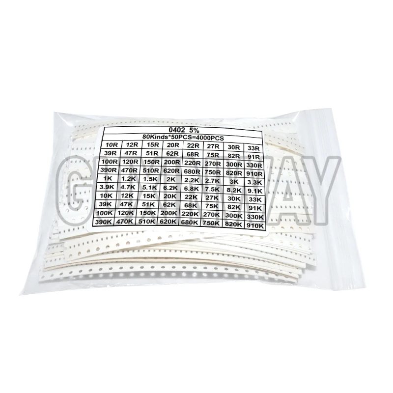 Kit resistore SMD 4000 pezzi 0402 Kit assortito 10ohm-1M ohm 5% 80valuesX 50 pezzi = 4000 pezzi Kit campione