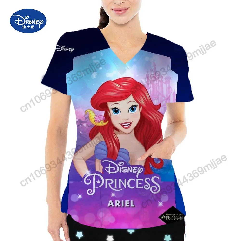 

2024 Summer Double Pocket Fashion Casual Nurse Uniform V-neck Design T-shirt Comfort Disney Cartoon Pattern Short Sleeve T-shirt