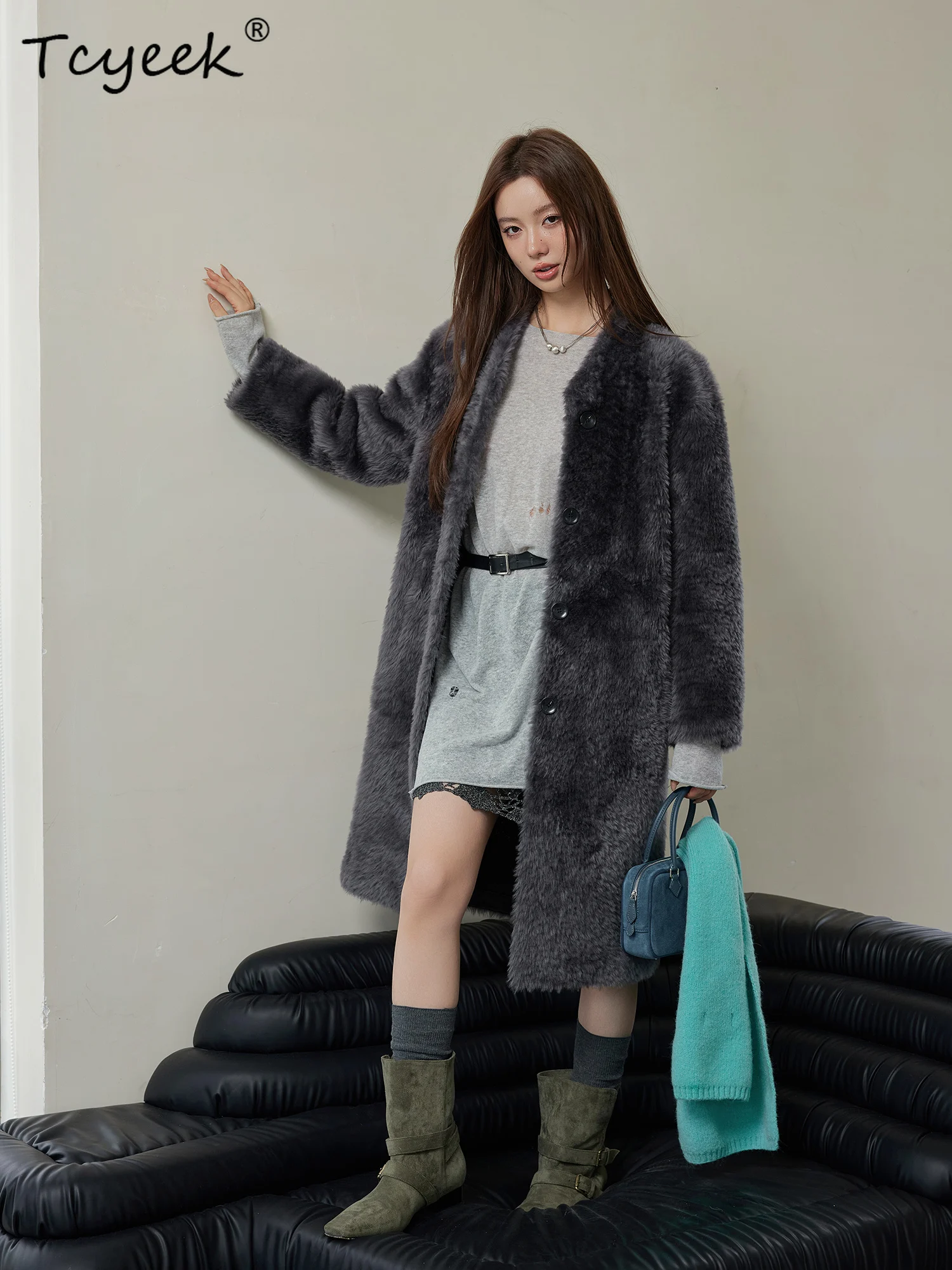 Tcyeek Jesień Zima Importowane Futro Zintegrowany Stójka Szary Antracyt Średniej Długości Damski Wełniany Płaszcz Futrzany Fourrures Femme