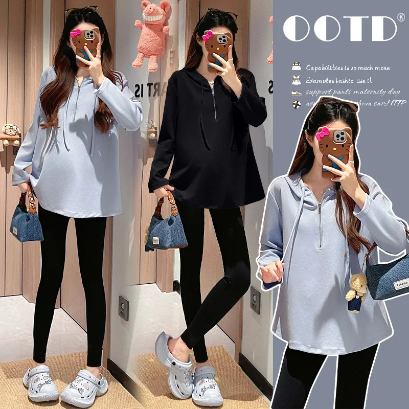 Pregnant 2025 Autumn New Style Fashion Casual Versatile Soft Comfortable Loose Slim Fit Hooded Zip Collar Long Sleeve Top